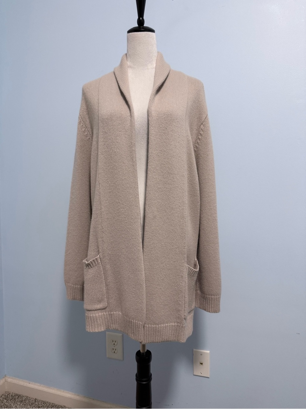 Anne Klein 100% Cashmere Beige Open Front Longline Cardigan XL Quiet Luxury